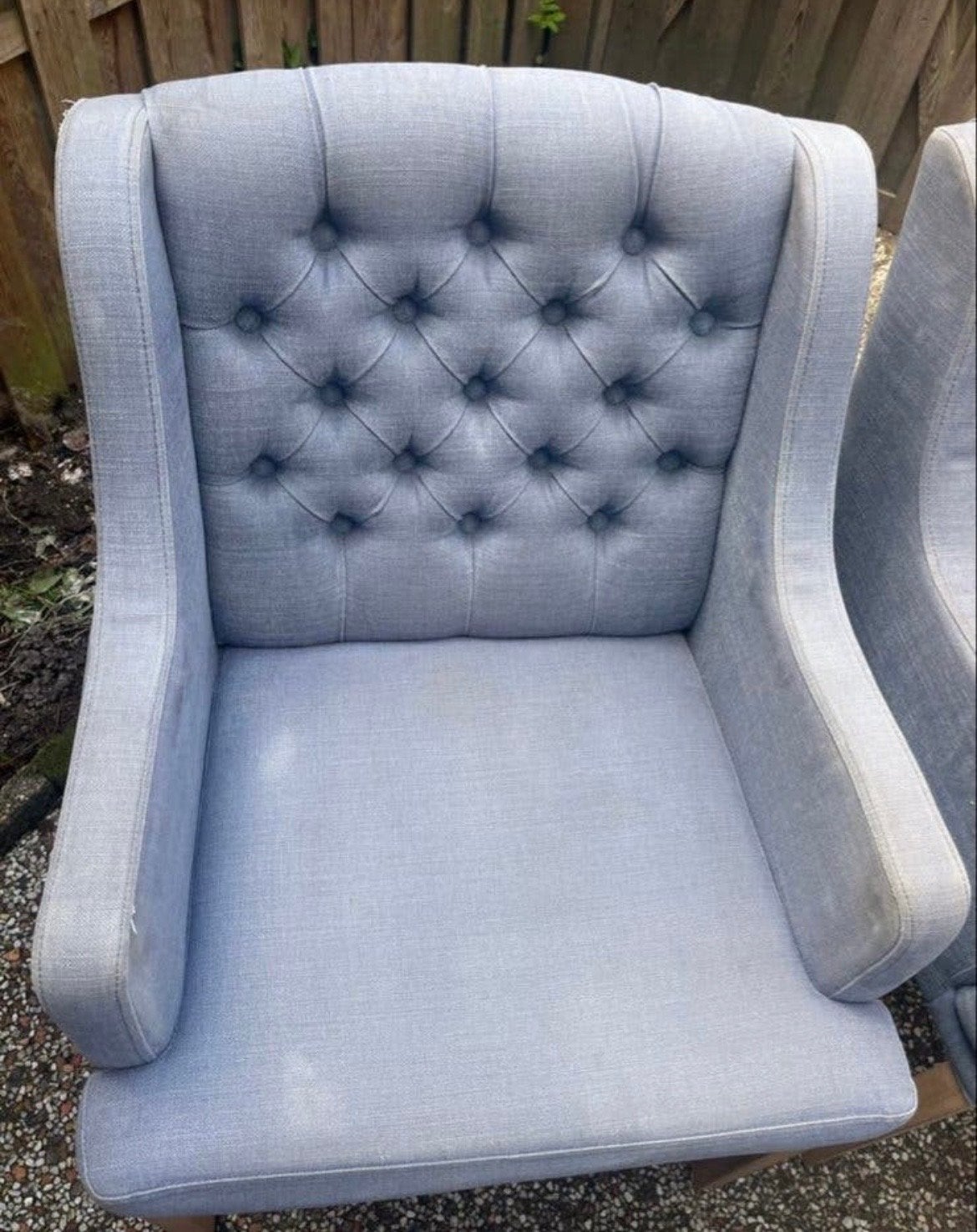 Set van 4 lichtblauwe gestoffeerde eetkamerstoelen, Ophalen, Gebruikt, Blauw, Stof