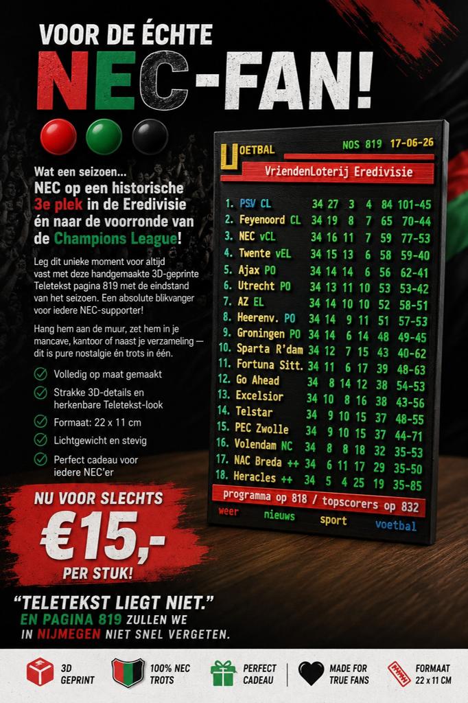 NEC Teletext Scorebord 3D Geprint - Historische 3e Plek, Maat XL, Ophalen of Verzenden, Nieuw, Clubaccessoires