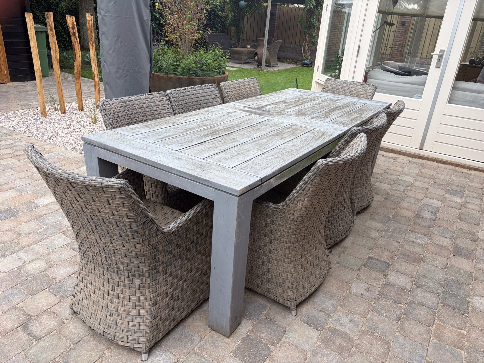 Buitenhof tuinset met grote tafel en 8 stoelen, Ophalen, Gebruikt, Eettafel, 8 zitplaatsen