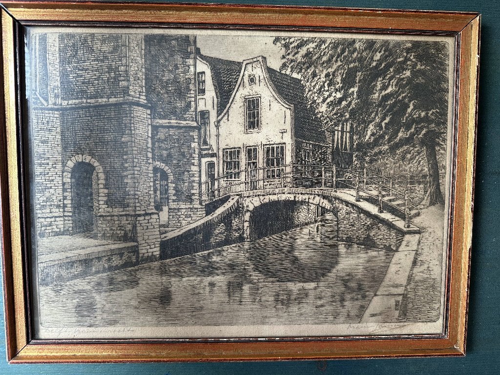 Antieke ets Delft, Marius Janssen (1931), 25 cm, Ets, Stadsgezicht, 35 cm