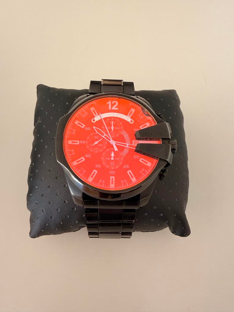 Diesel Mega Chief Herenhorloge - Zwart met Oranje Wijzerplaa, Overige merken, Staal, Gebruikt, Staal
