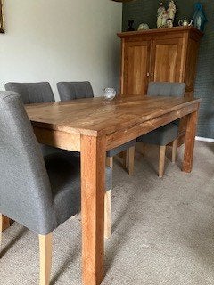 Teak houten eettafel met zes stoelen, Ophalen, 200 cm of meer, 50 tot 100 cm, Zo goed als nieuw
