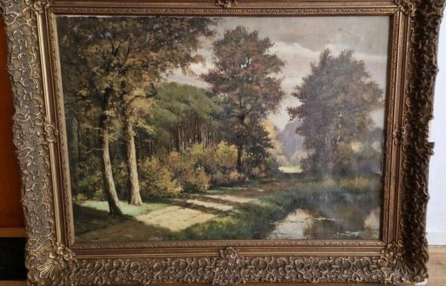 Frans Baaijens: Oud schilderij met boslandschap en water, Ophalen of Verzenden