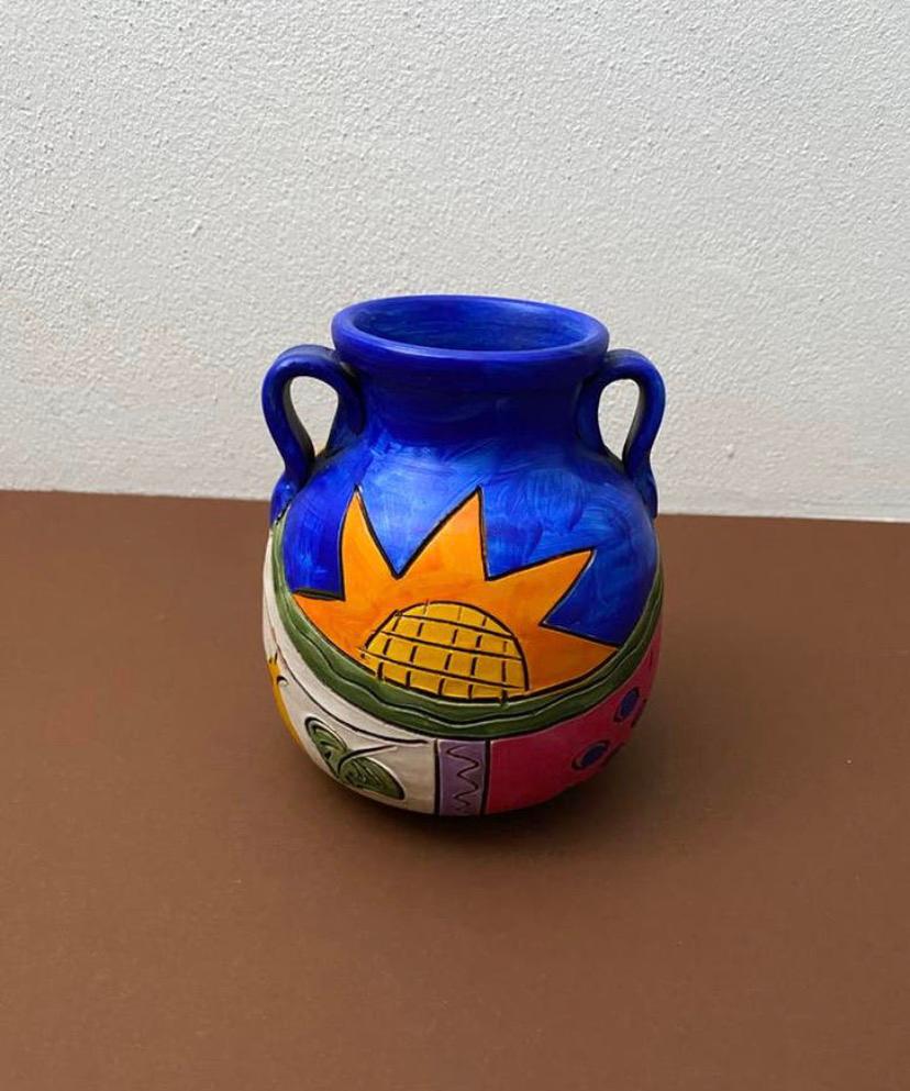 Handbeschilderde mediterrane vaas, Huis en Inrichting, Woonaccessoires | Vazen, Ophalen of Verzenden, Zo goed als nieuw, Blauw