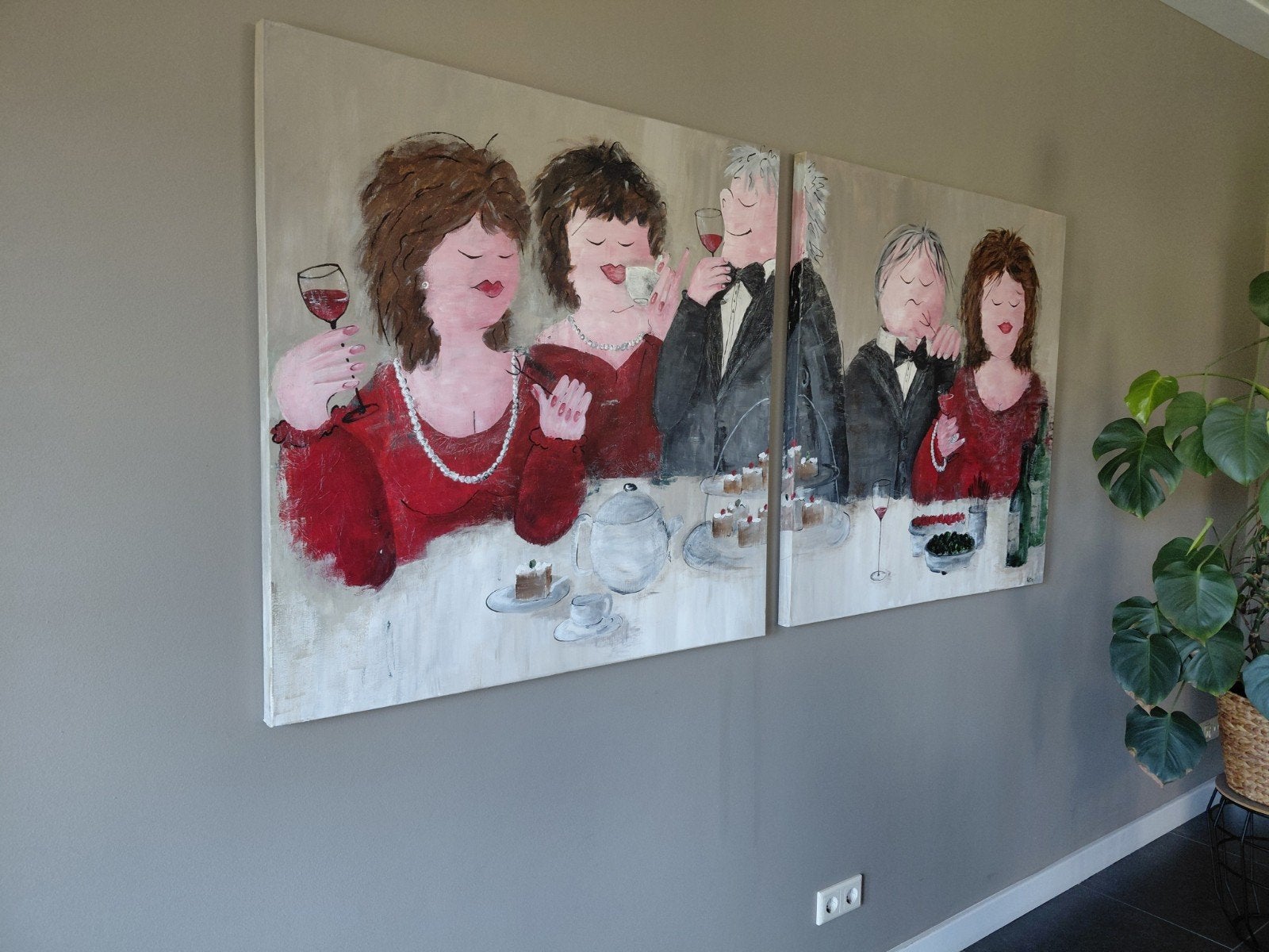 Modern schilderij: Gezellig samenzijn met wijn en gebak, Ophalen, Op houten frame, Textiel, Figuren