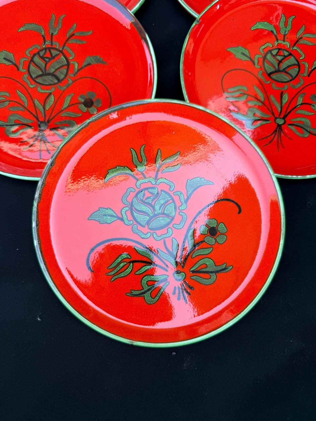 Set van 5 Vintage Oranje Borden met Groen Bloemmotief, Ophalen of Verzenden