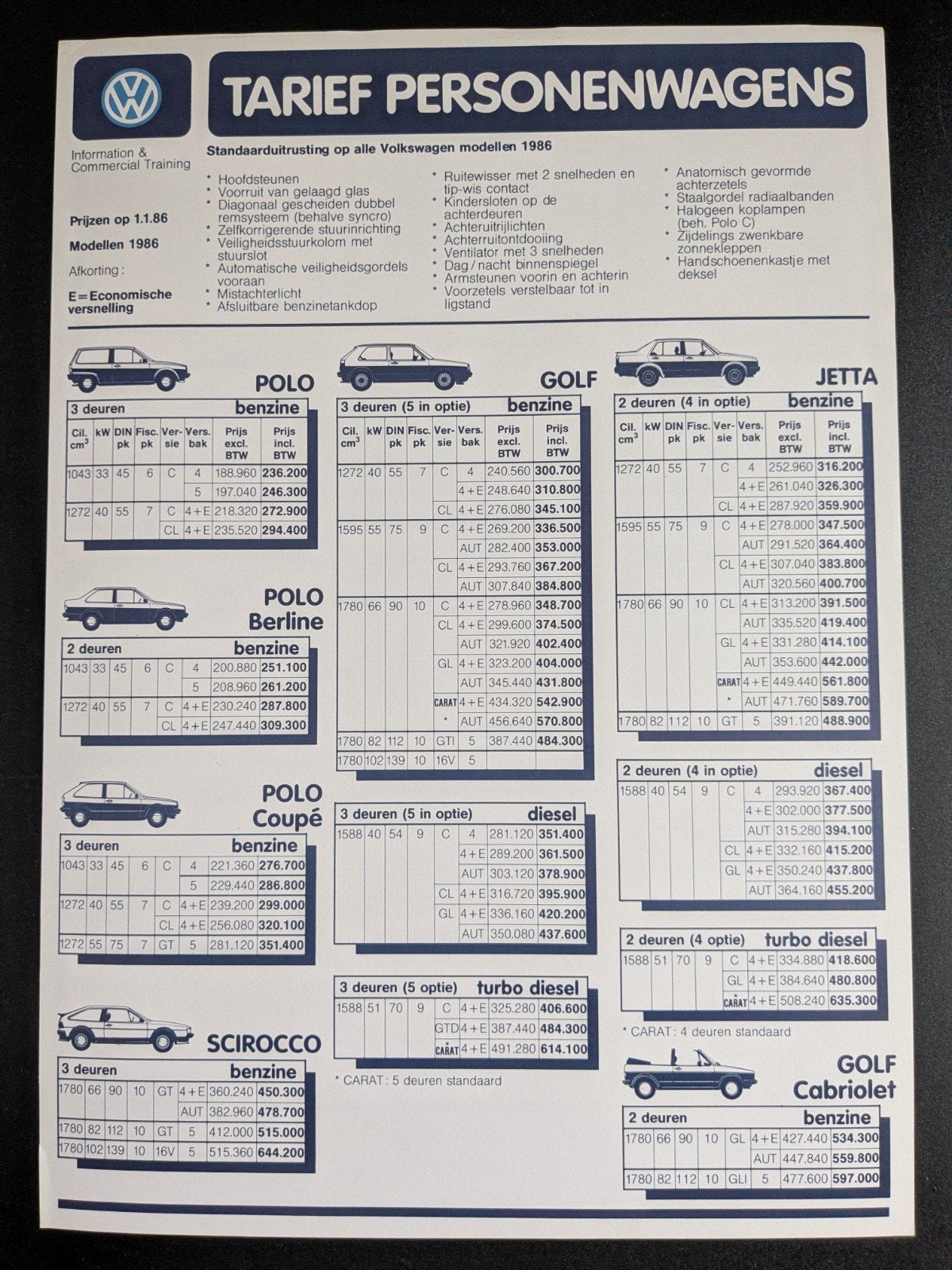 Prijslijst VOLKSWAGEN 1986 (België), Boeken, Ophalen of Verzenden, Zo goed als nieuw, Volkswagen
