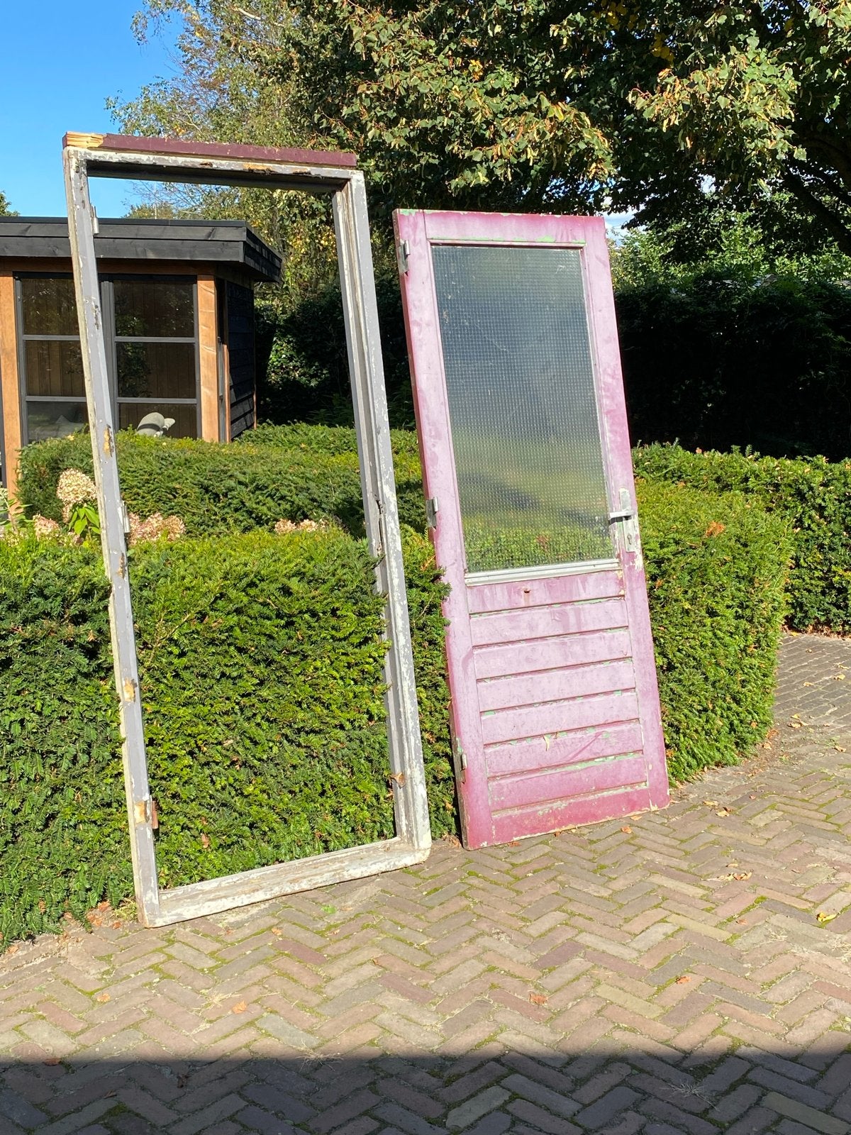 Oude houten deur met kozijn, Ophalen, Gebruikt, 80 tot 100 cm, 200 tot 215 cm