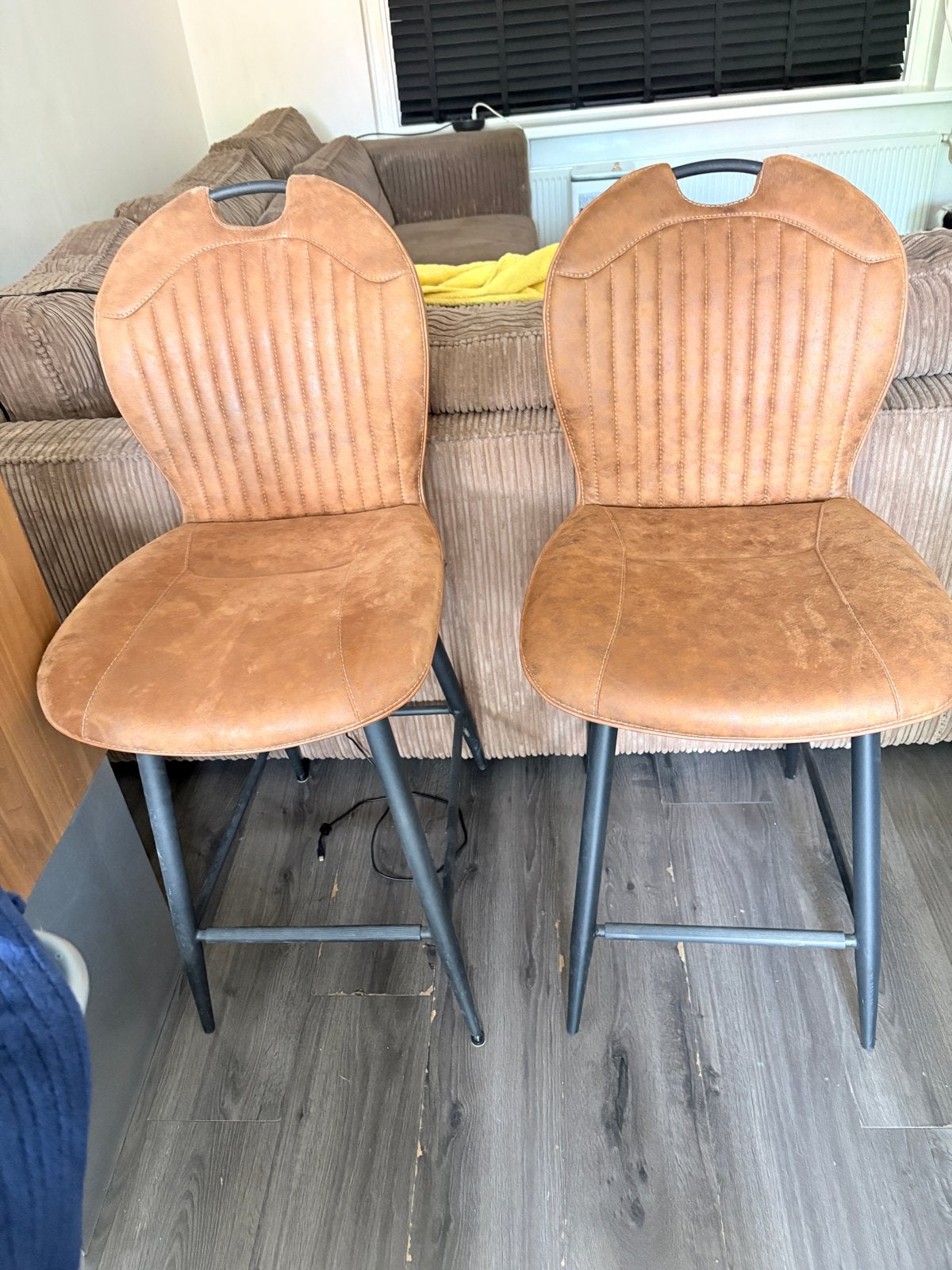 Set van 2 bruine barkrukken met metalen onderstel, Ophalen, Gebruikt, Twee, Bruin
