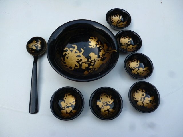 2 x Japanse kommen laksetjes + onderzetters handbeschilderd, Antiek en Kunst, Ophalen of Verzenden