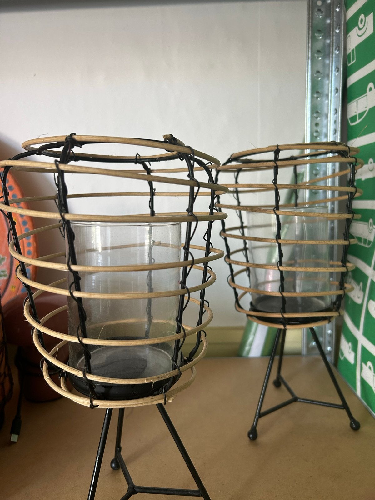 Set van 2 bamboe windlichten met glazen houder, Ophalen, Windlicht, Gebruikt, Bruin