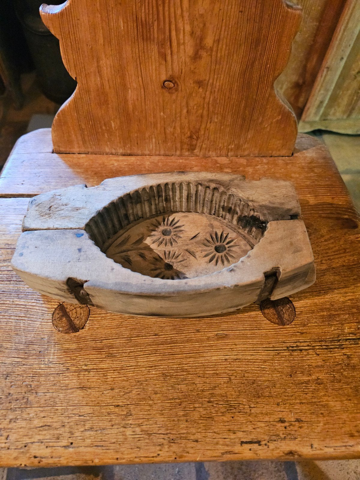 Antieke houten botervorm met bloemmotief, Ophalen of Verzenden