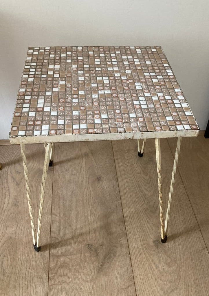 Vintage mozaïek bijzettafel beige bruin, ijzer, Ophalen, Minder dan 55 cm, Gebruikt, Overige materialen