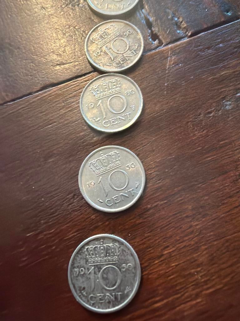 5 munten van 10 cent uit 1950, Postzegels en Munten, Ophalen of Verzenden, Koningin Juliana, 10 cent, Setje