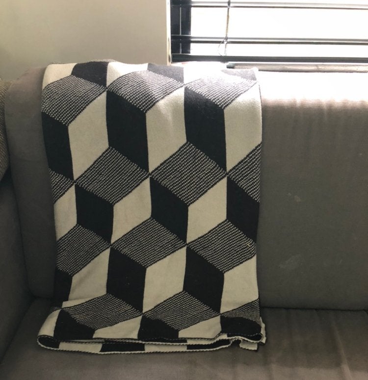 Ferm Living Plaid Zwart/Wit Kubuspatroon, Katoen, Ophalen of Verzenden, Zo goed als nieuw, Plaid