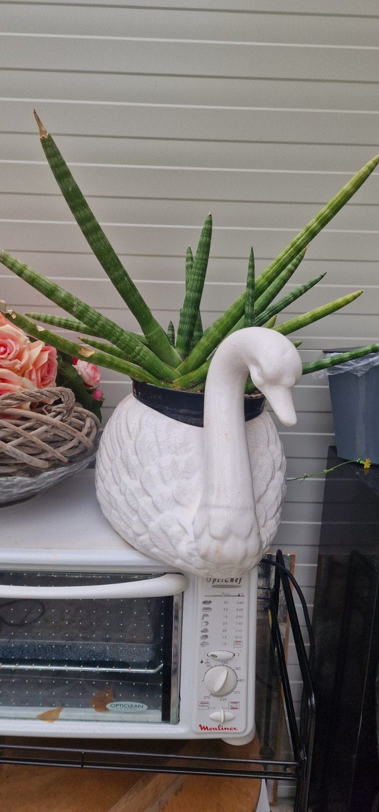 Porseleinen Zwaan Bloempot met Plant, Gebruikt, Wit, Inclusief decoratie, Ophalen of Verzenden