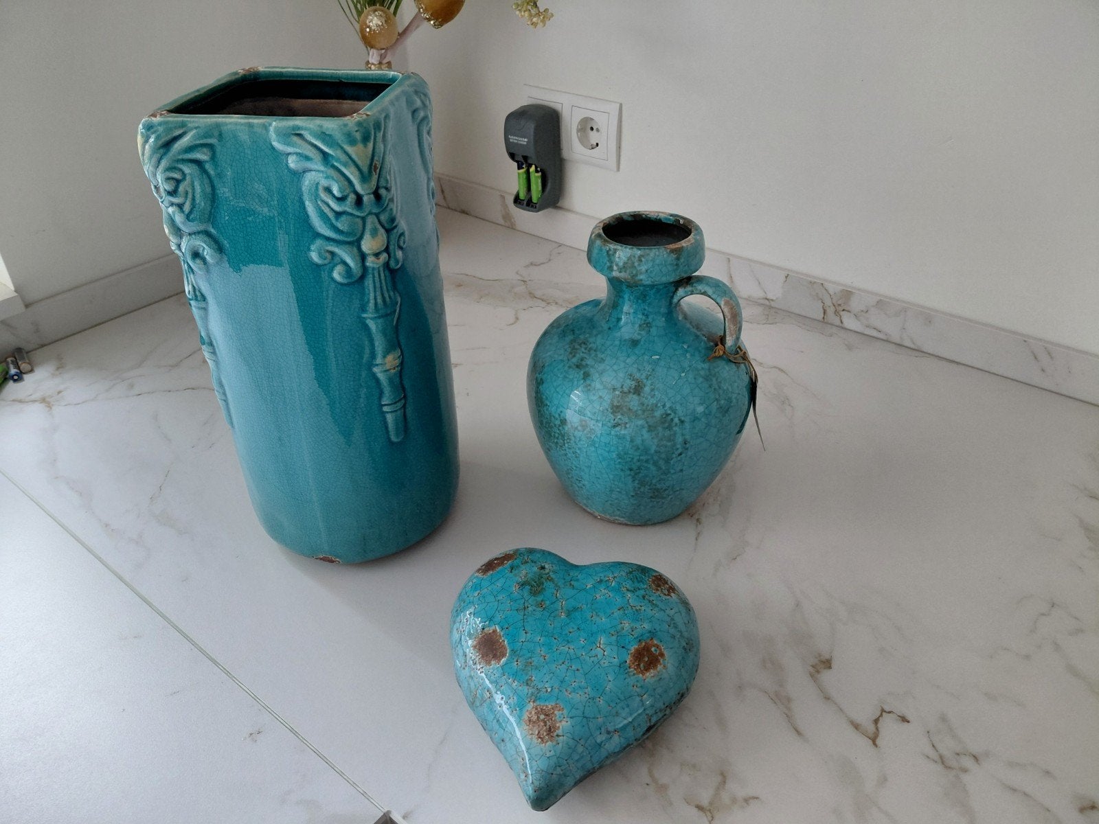 Set van 2 turquoise vazen en decoratie hart, Ophalen, Overige kleuren, Met patroon/structuur, Zo goed als nieuw