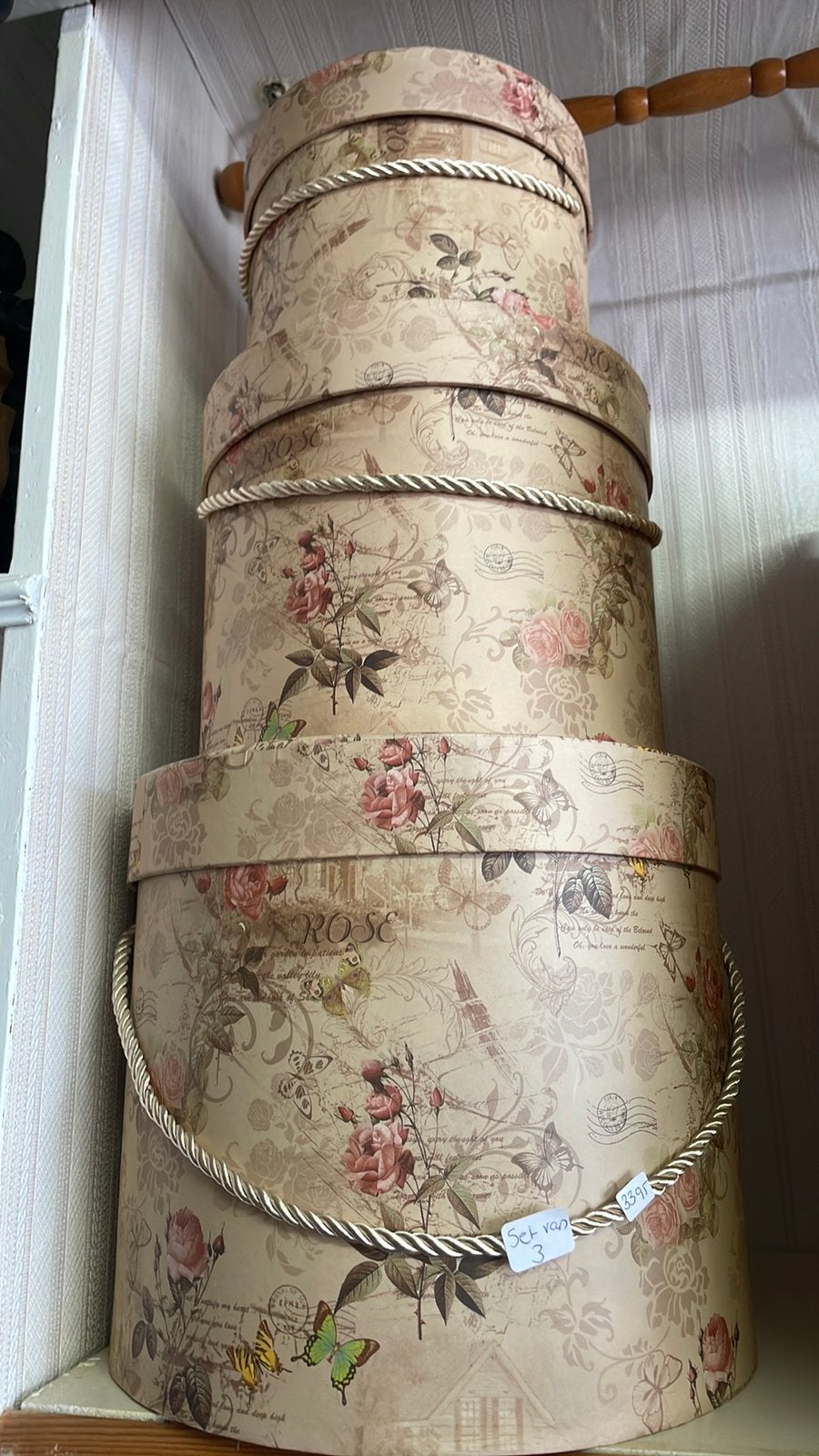 Set van 3 brocante hoedendozen/ opbergboxen, Antiek en Kunst, Curiosa en Brocante, Ophalen of Verzenden