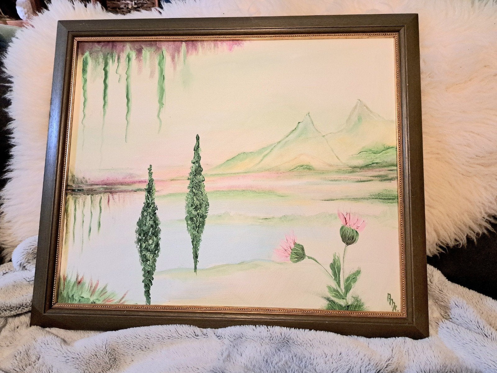 Schilderij met landschap en distels, 56x66,5cm, Handgeschilderd, Overige technieken, Textiel, Landschap