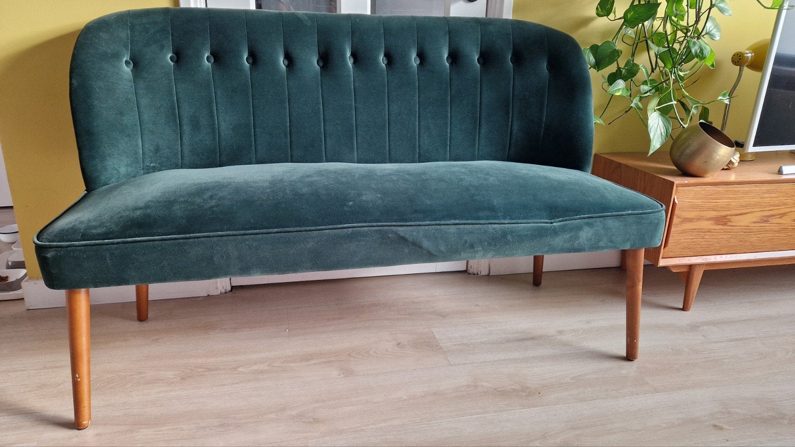 Vintage Groen Fluweel Bankje - Tweepersoons, Ophalen, Gebruikt, Vintage, Klassiek, Retro, Minder dan 75 cm