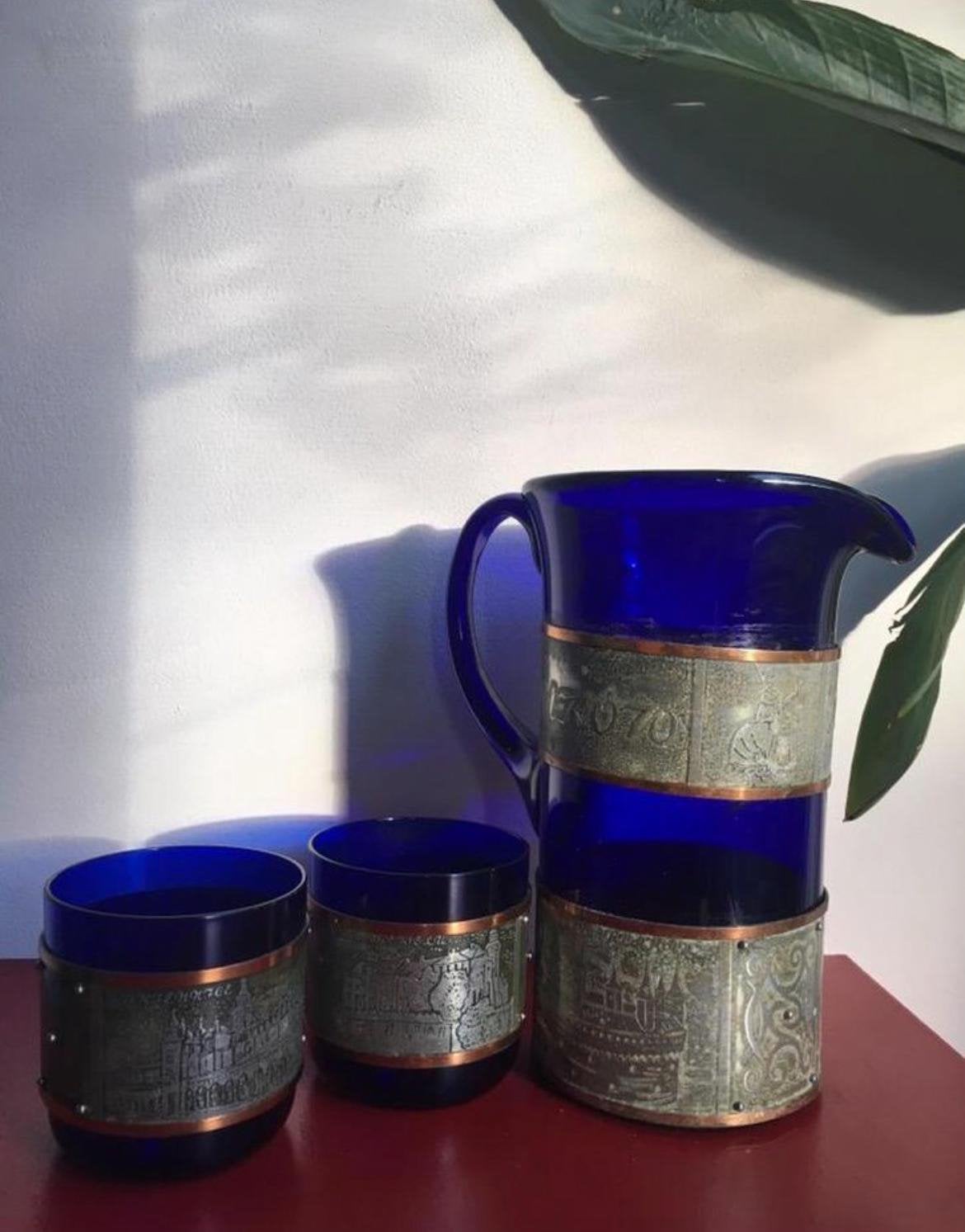 Vintage Krako 1970 uniek servies donkerblauw glas & koper, Ophalen