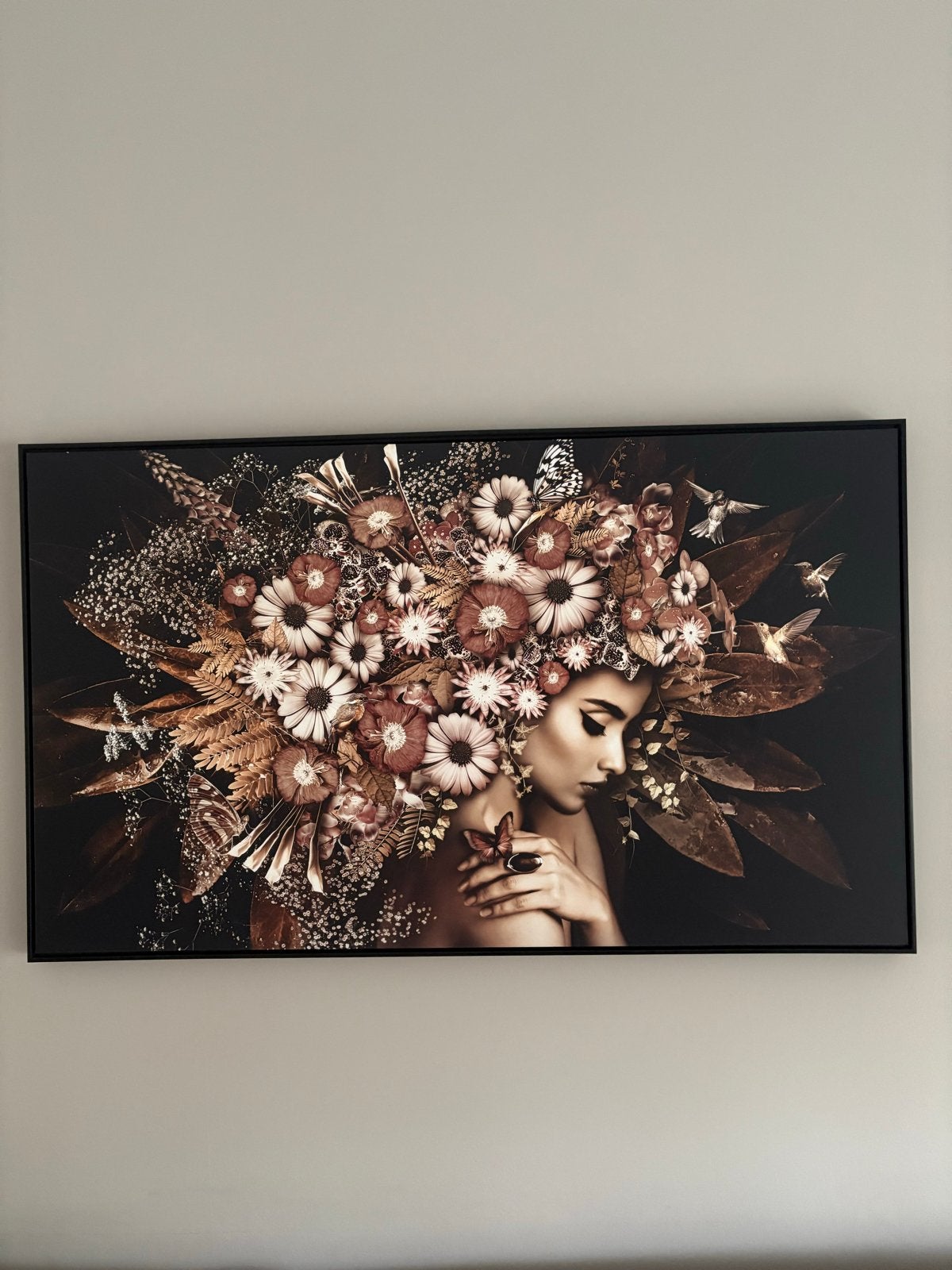 Vrouw met bloemen en vogels - MDF paneel, Ophalen, 50 – 75, 100 tot 125 cm, Print