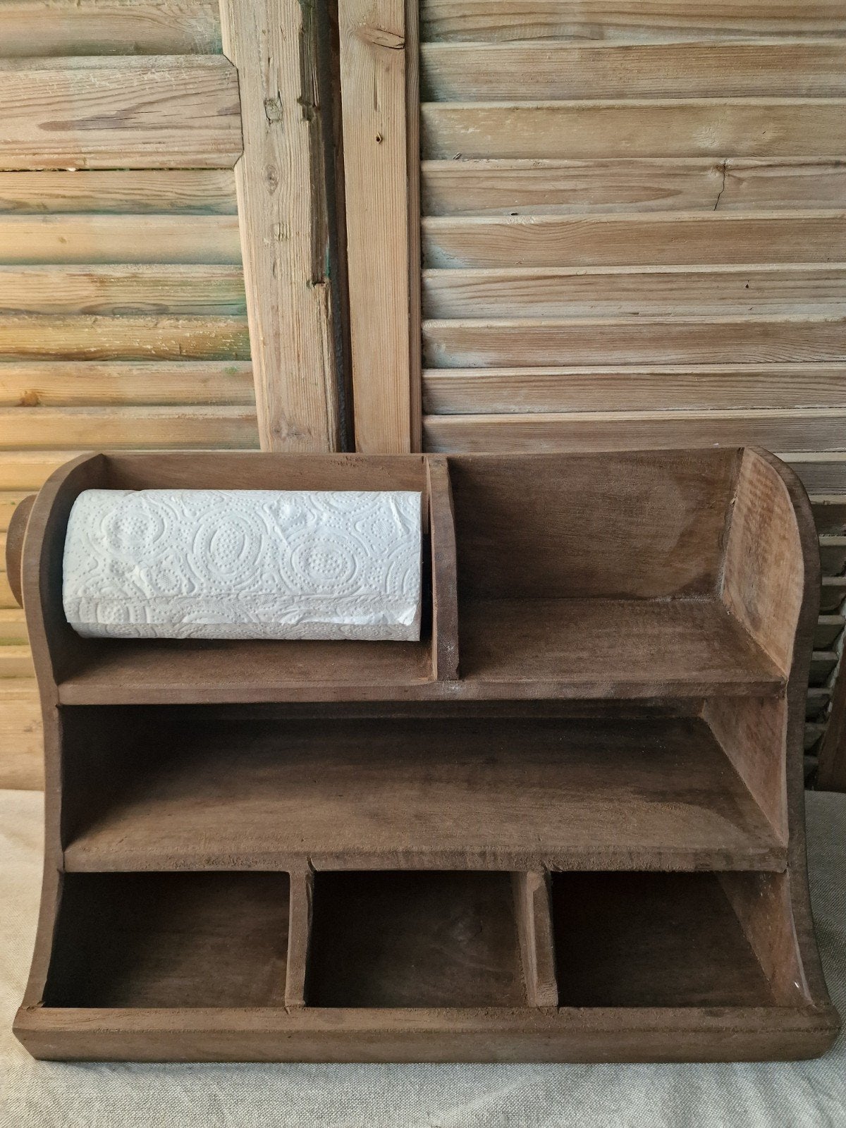 Landelijke houten gruttersbak met vakken en keukenrolhouder, Ophalen of Verzenden