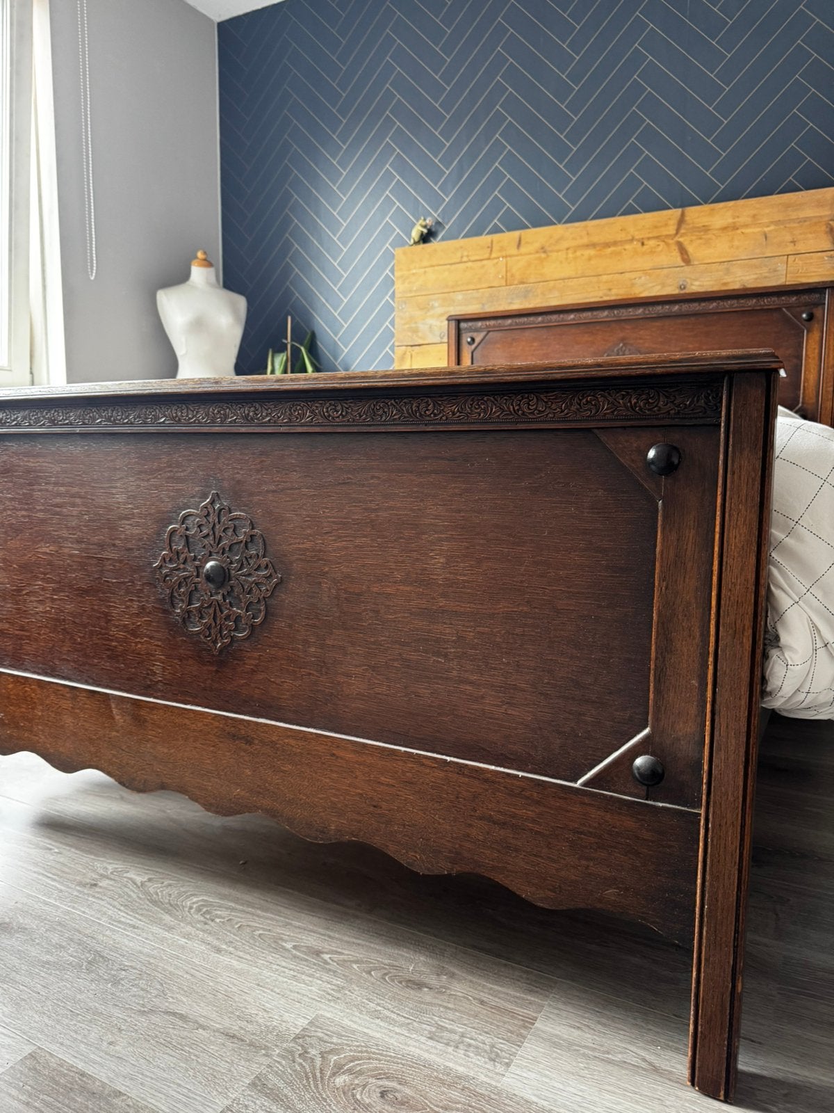 Antiek houten bed Engelse stijl - twijfelaar 140 x 210, Ophalen