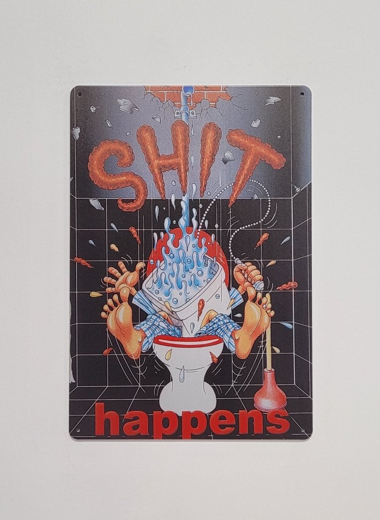 Shit Happens man op wc reclamebord van metaal wandbord, Info@deconoord.nl, Deco Noord, Nieuw, Ophalen of Verzenden