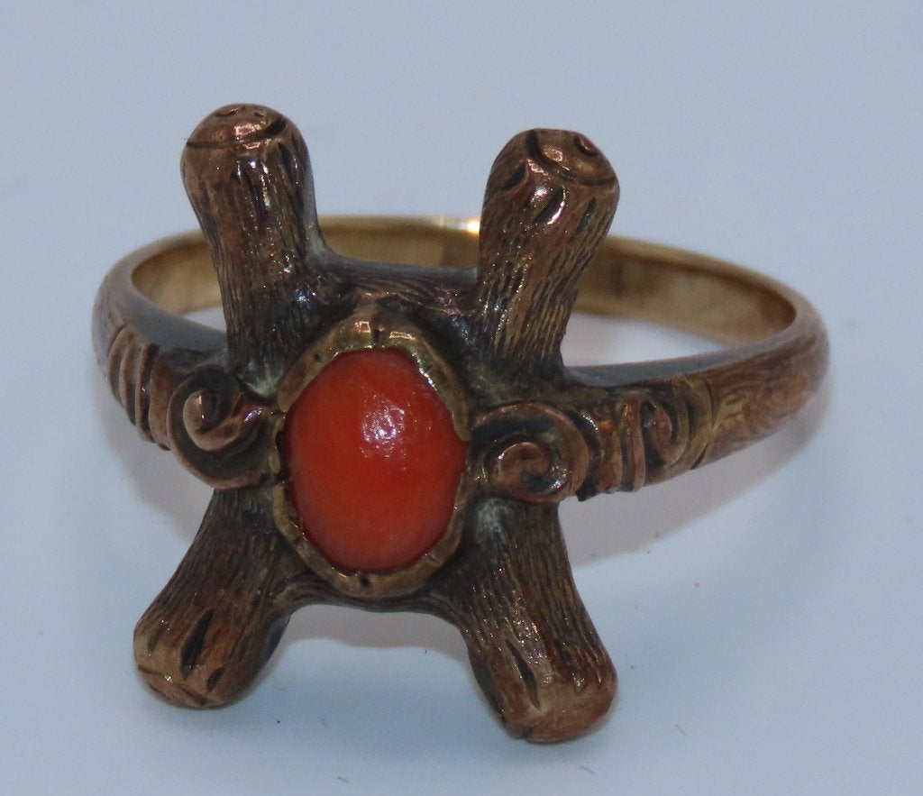 ANTIEKE GOUDEN RING MET BLOEDKORAAL, Sieraden, Tassen en Uiterlijk, Antieke sieraden, Verzenden, Goud, Ring, Met edelsteen