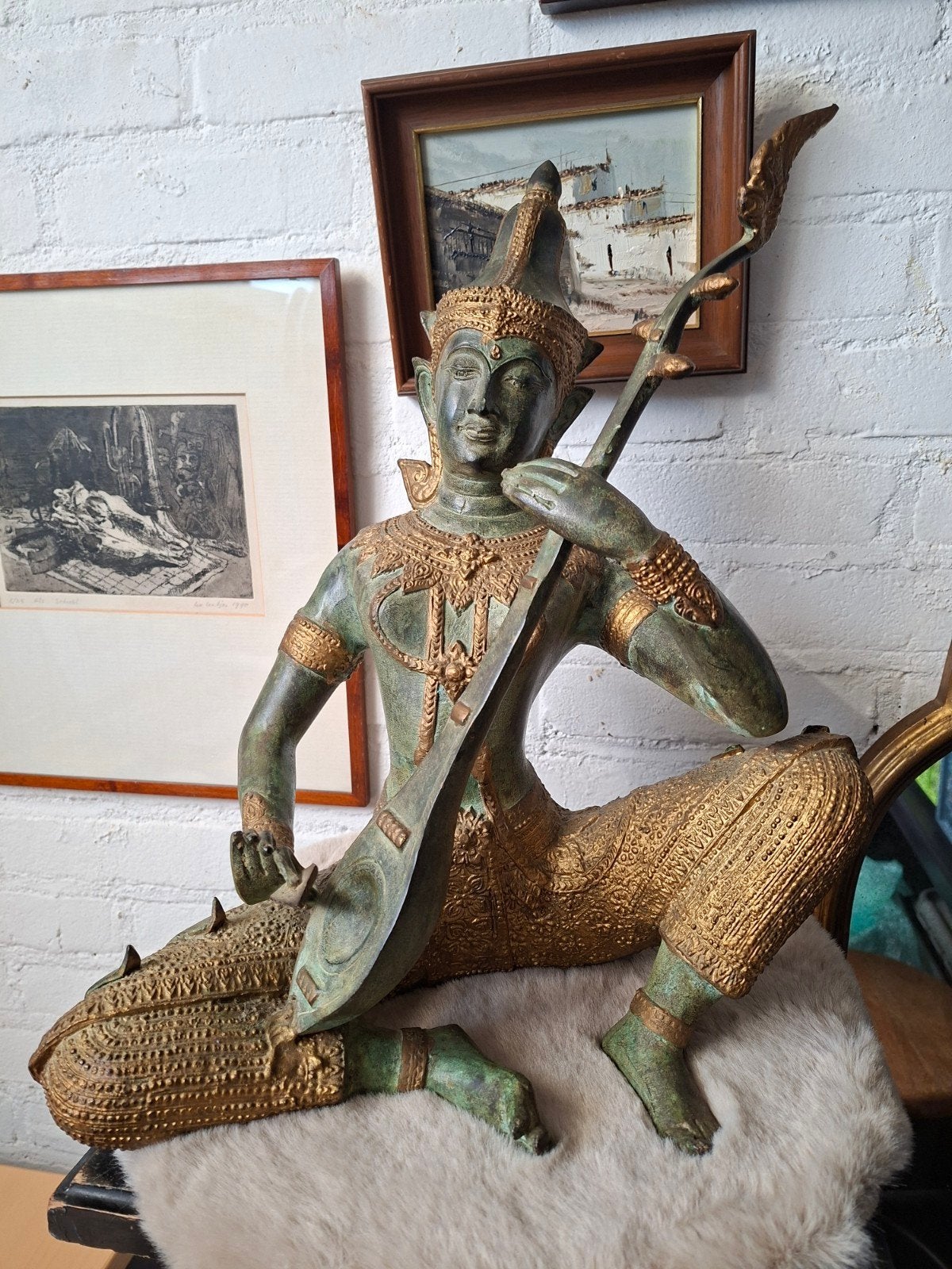 Grote bronzen Thaise muzikant 39,5 cm hoog/6,8 kg, Huis en Inrichting, Ophalen, Metaal, ?, 39 cm