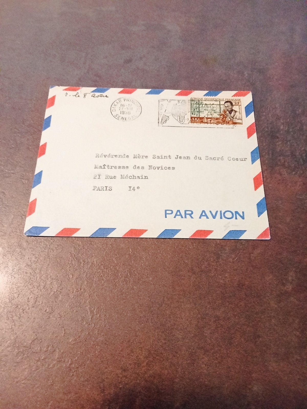 Luchtpostbrief Dakar Parijs Sacre Coeur Moeder Overste, Ophalen of Verzenden, Envelop