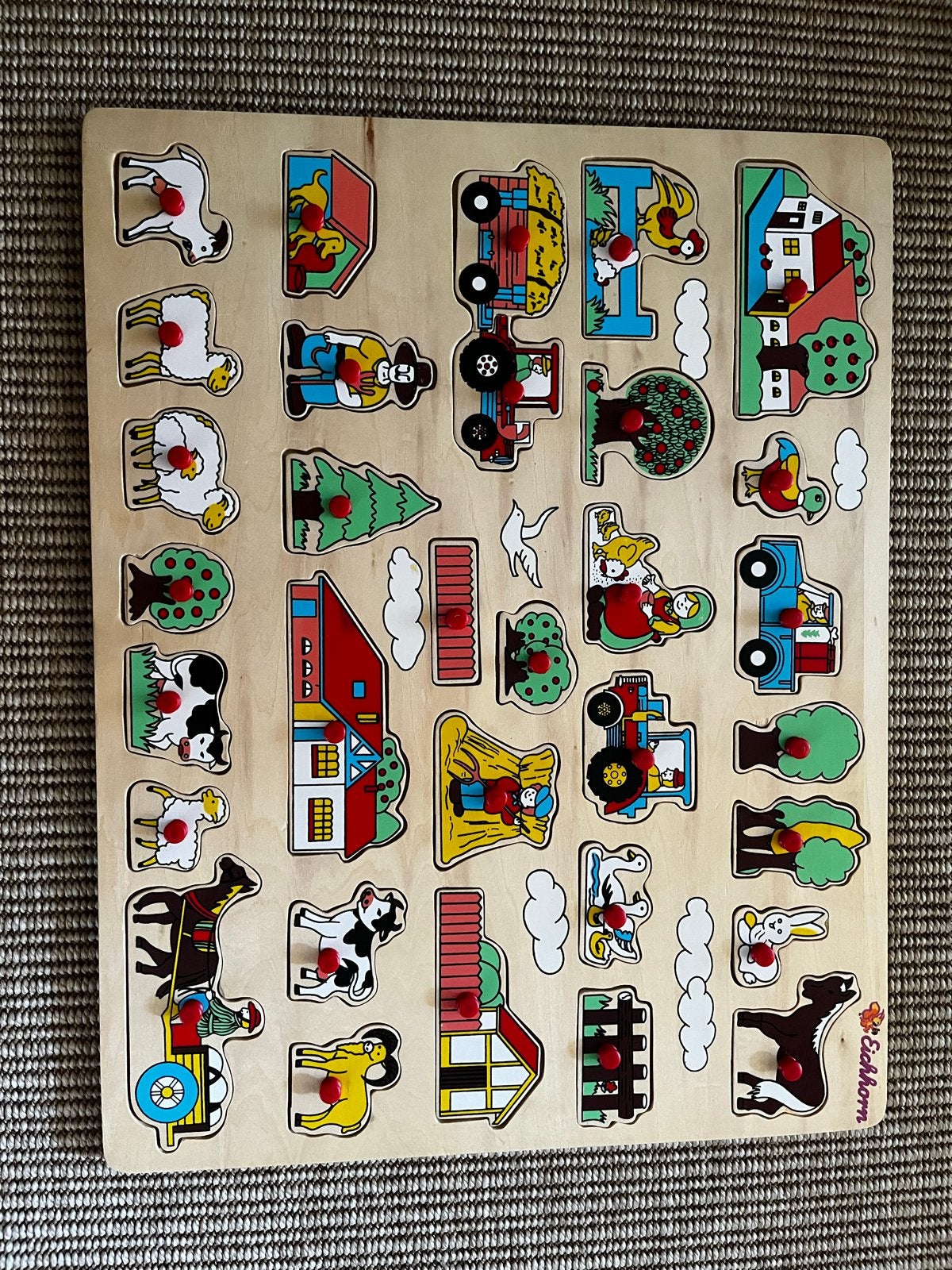 Eichhorn Houten Boerderij Puzzel met Knopjes, Ophalen, 2 tot 4 jaar, 10 tot 50 stukjes, Zo goed als nieuw
