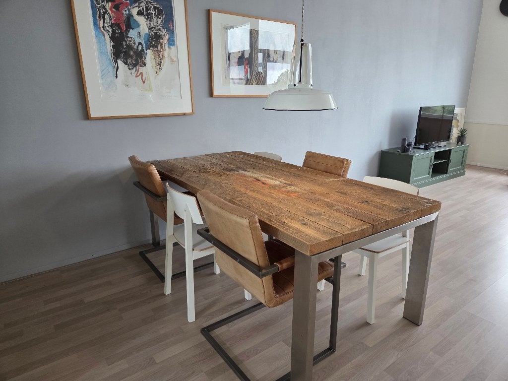 Eettafel + 6 stoelen - RVS geborsteld frame blad 50mm dikte, Ophalen, Gebruikt, 200 cm of meer, 50 tot 100 cm