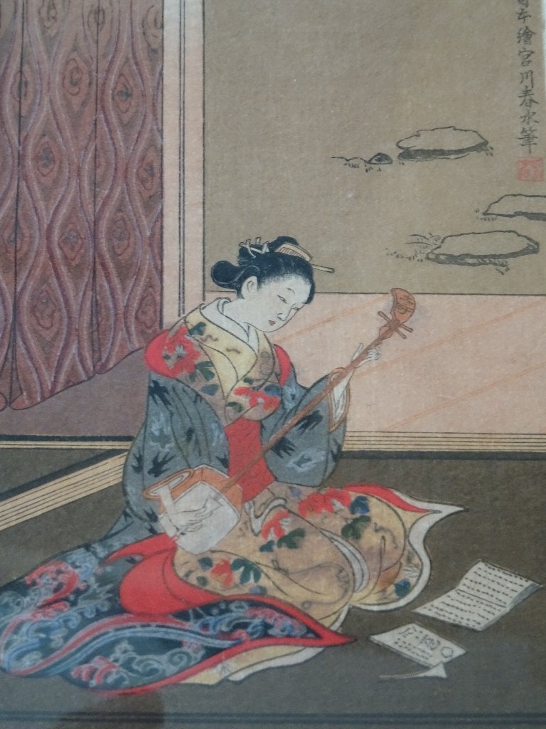 Drie Japanse houtsnedes muziek, boot, drie vrouwen 20e eeuw, Ophalen of Verzenden, Dagelijks leven, Houtsnede, 1900 - 1949