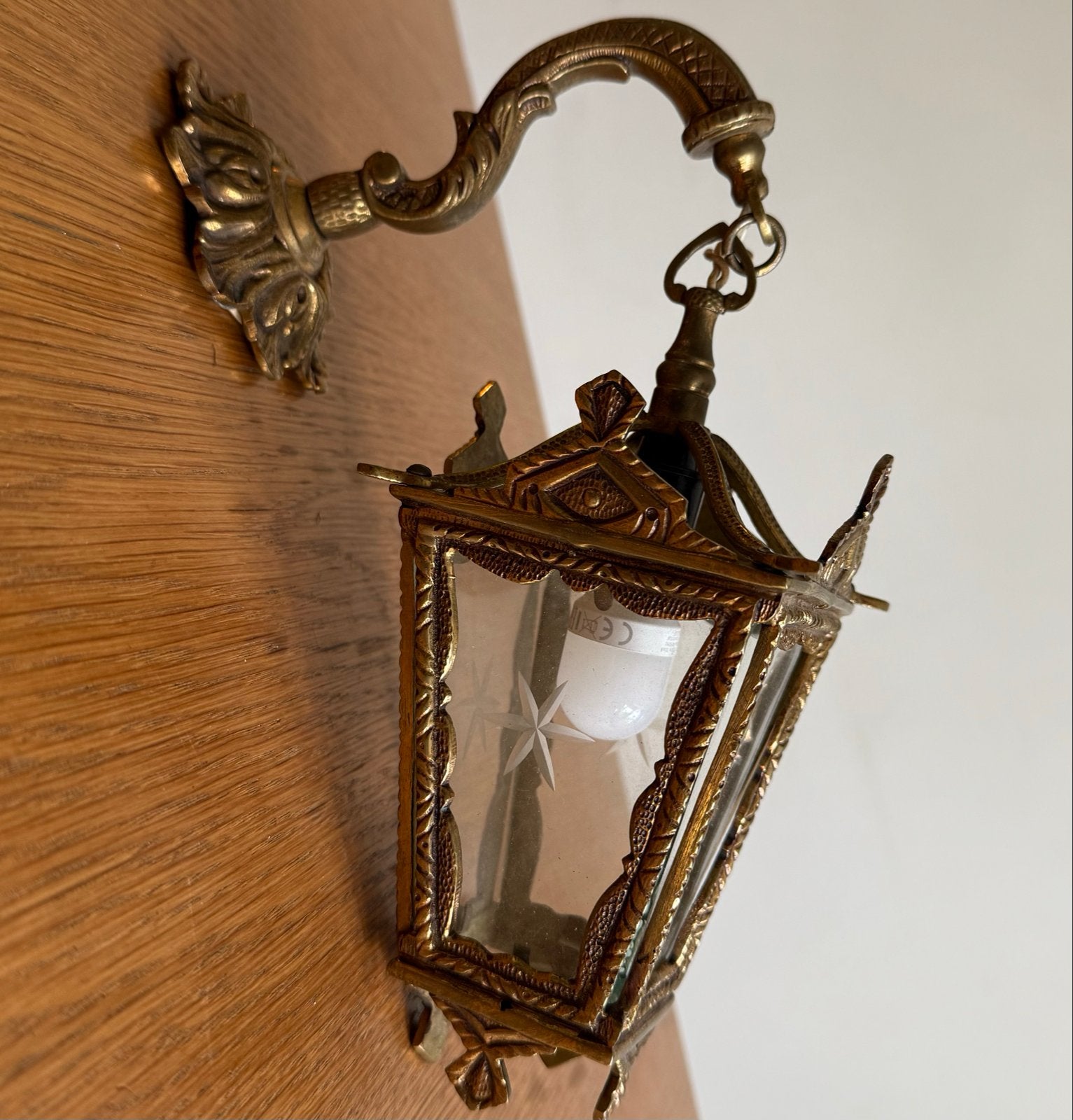 Antieke messing lantaarn / hallamp met sterpatroon design, E14 (klein), Ophalen of Verzenden, Zo goed als nieuw, Inclusief lichtbron