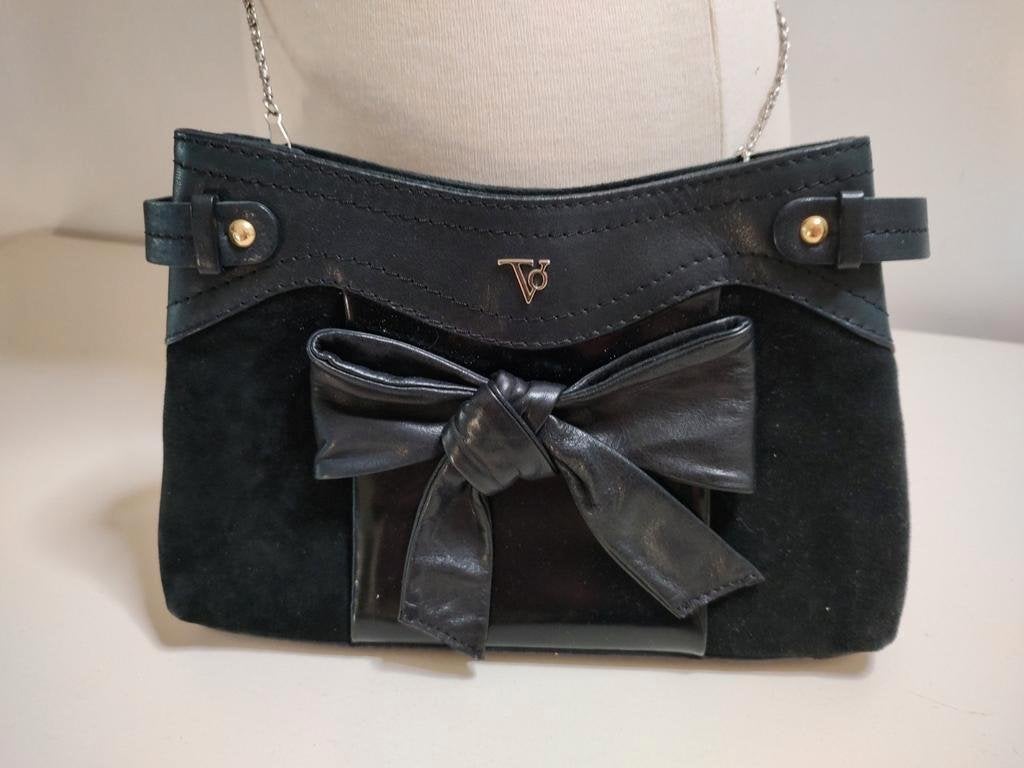 K435 TOV zwart lederen schoudertas - avondtas  zeer fraai, Sieraden, Tassen en Uiterlijk, -, Schoudertasje, Zwart, -