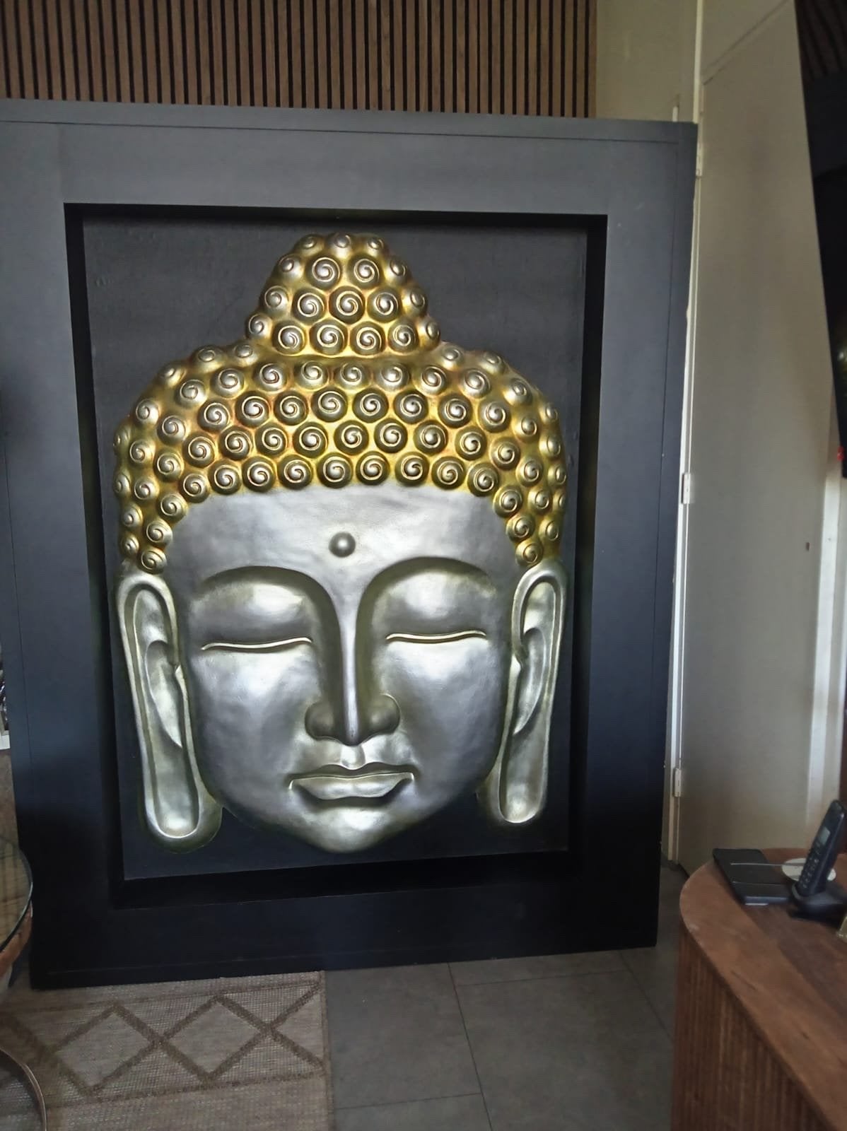 Grote Boeddha Hoofd Wanddecoratie - Zilver/Goud, Huis en Inrichting, Met reliëf, Gebruikt, Ophalen of Verzenden, Meerkleurig