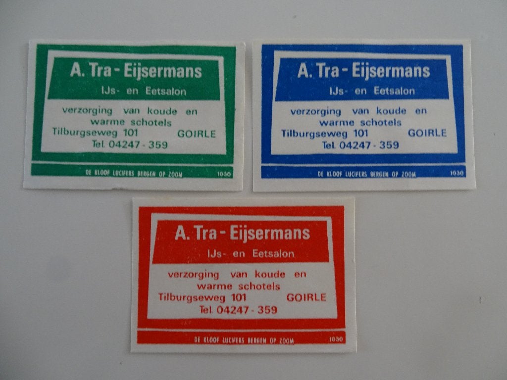 IJs en Eetsalon   A. TRA-EIJSERMANS      GOIRLE, Verzamelen, Verzenden, Gebruikt, Luciferdoosjes of -merken