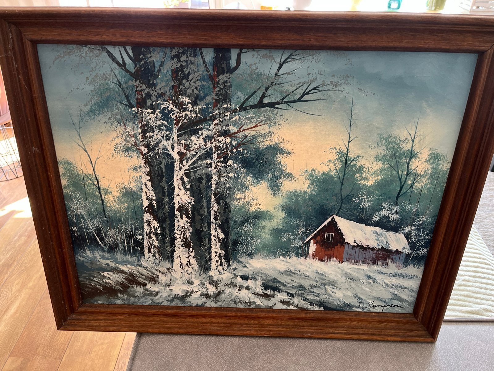 Schilderij Winterlandschap met hutje en bomen, Ophalen, Doek, Realistisch, Gesigneerd