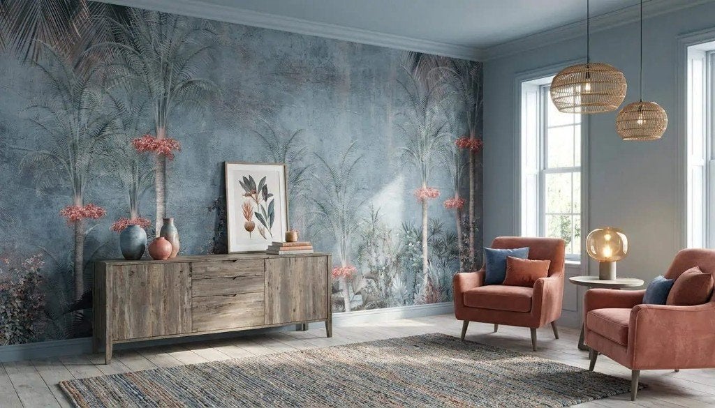 Jungle behang – fijne palmen in blauwgrijs en oudroze, Natuurlijk, Overige merken, Ophalen of Verzenden, Blauw