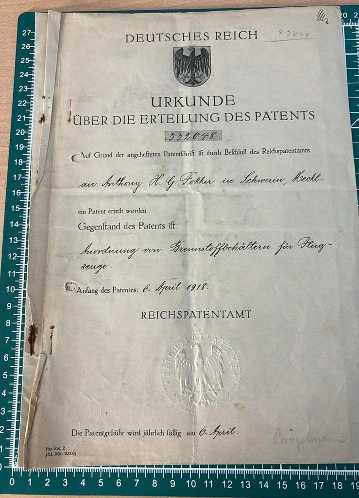 Uniek!!! Patentaanvraag Fokker fabriek schwerin 1918, Verzamelen, Luchtvaart en Vliegtuigspotten, Ophalen of Verzenden, Gebruikt