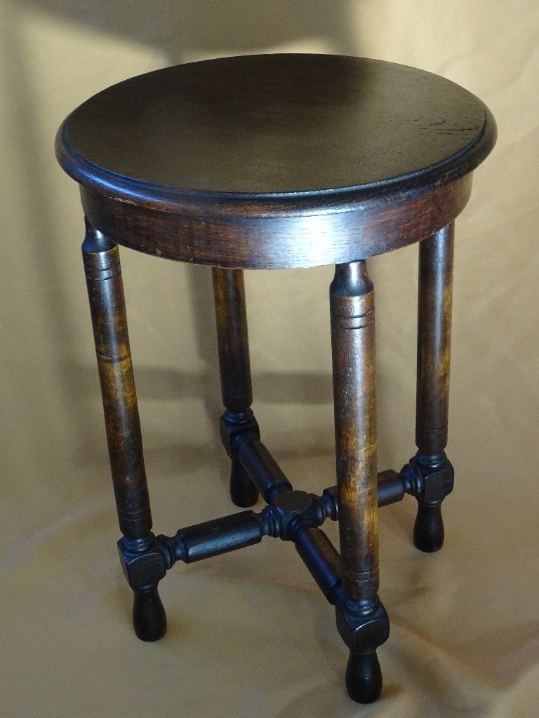 Vintage houten piedestal bijzettafeltje 4 poten hout, Minder dan 55 cm, Rond, Zo goed als nieuw, Hout