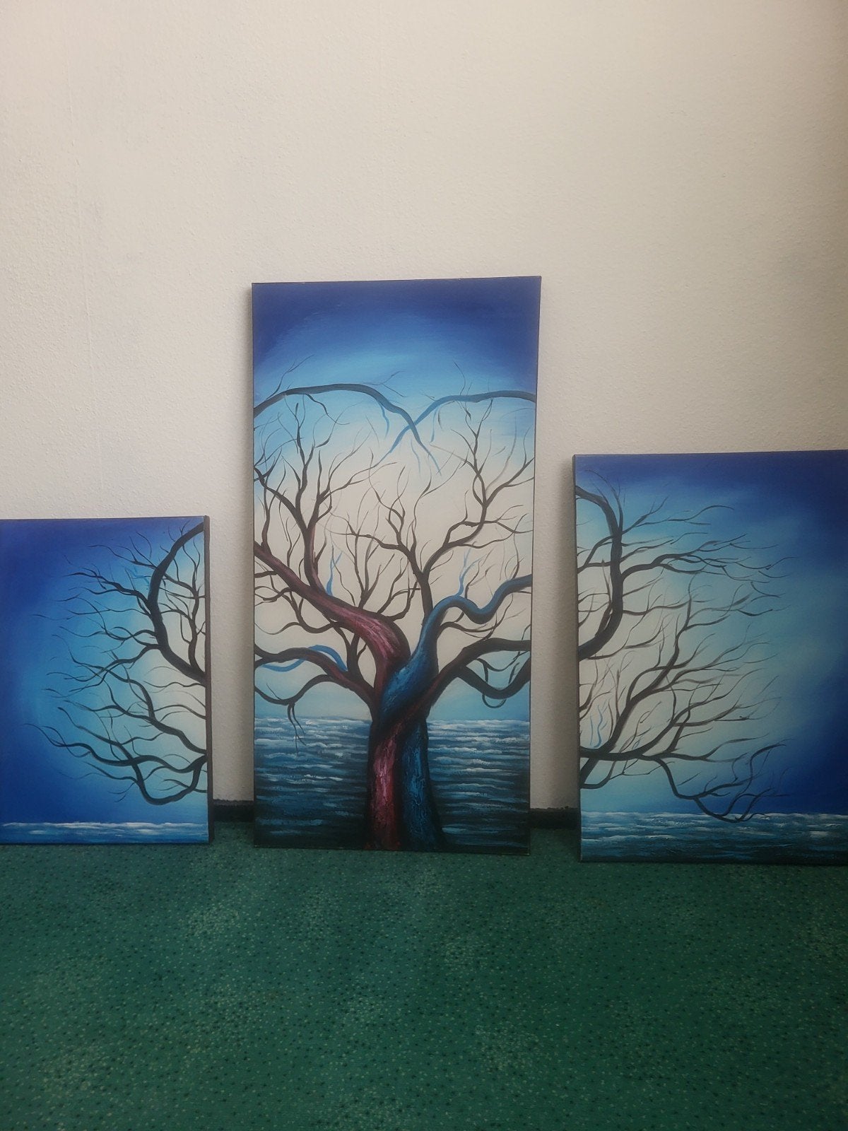 Modern drieluik schilderij: Levensboom in blauwtinten, Landschap, Ophalen of Verzenden, Handgeschilderd, Olieverf