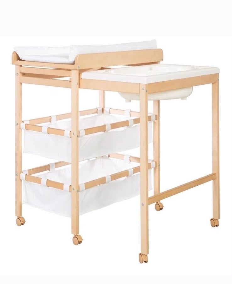 Houten aankleedtafel met badje en opbergmanden, Kinderen en Baby's, Gebruikt, Aankleedkussen, Standaard, Ophalen