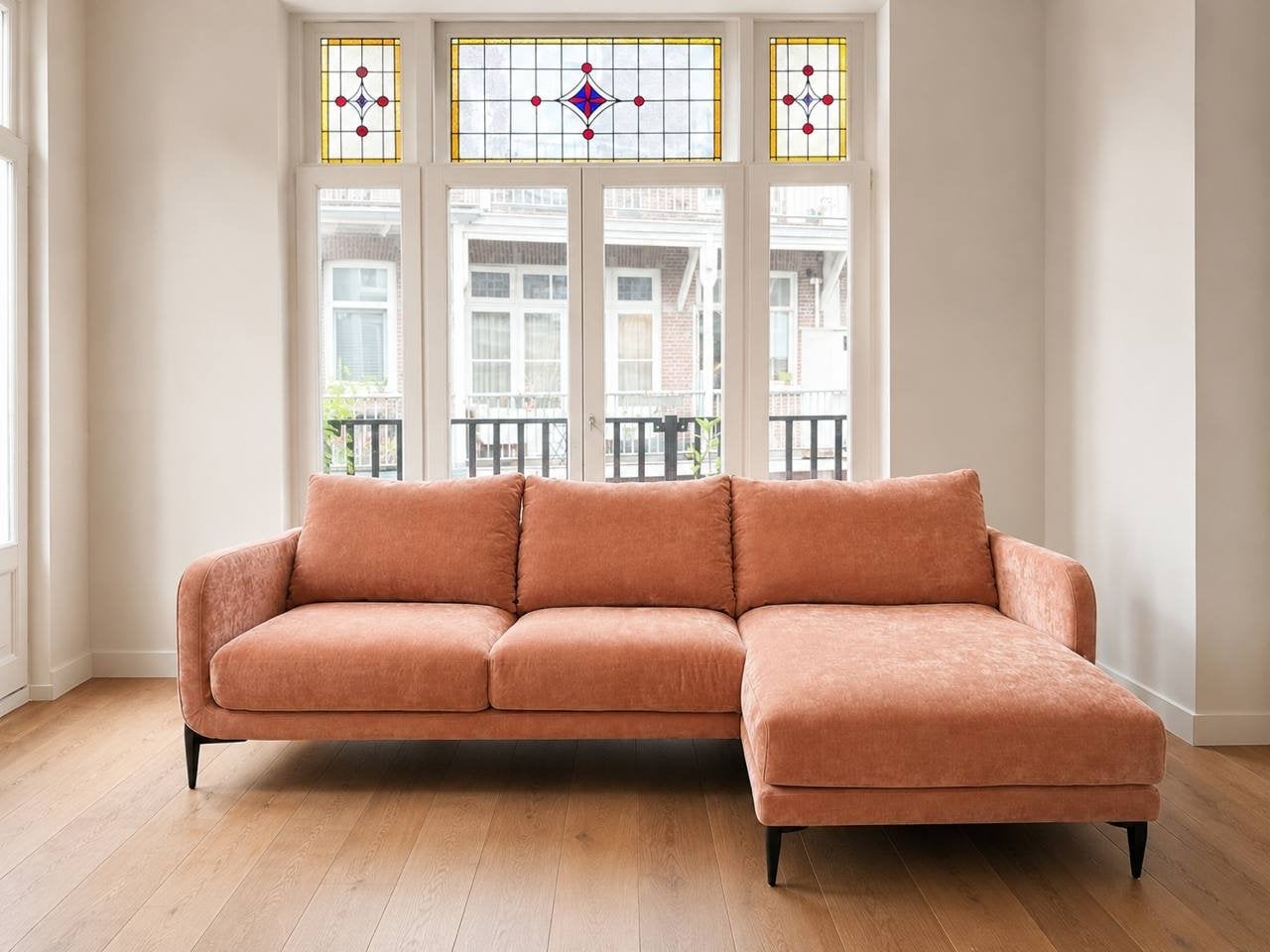 Stijlvolle Hoekbank met Chaise Longue - Roze/Oranje Stof, 250 tot 300 cm, Ophalen of Verzenden, Japandi, Danish, Driepersoons