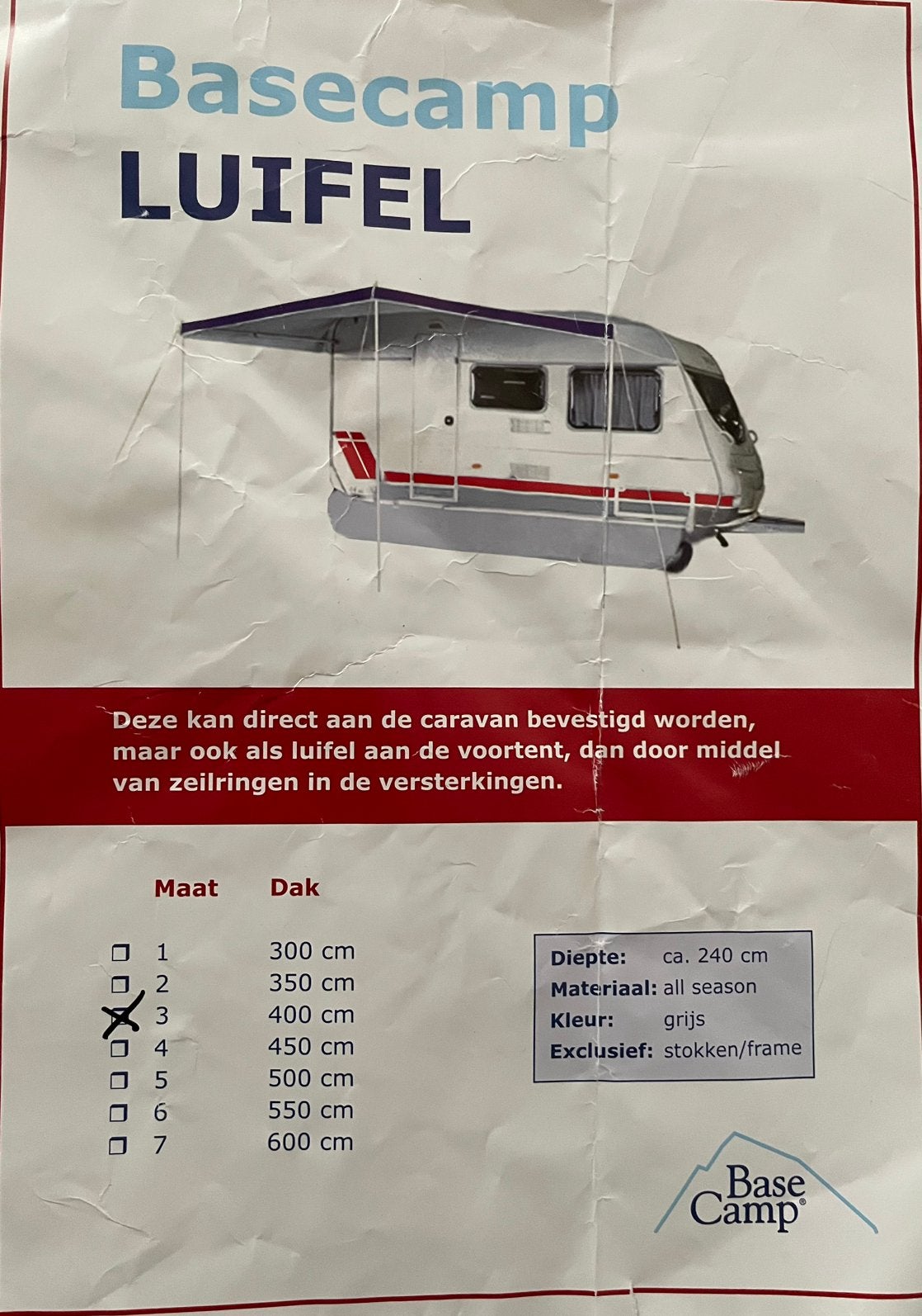 Basecamp luifel 400cm, Caravans en Kamperen, Ophalen, Zo goed als nieuw