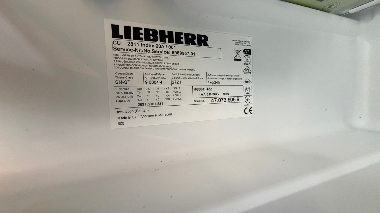 Liebherr CU 2811 koel-vriescombinatie A++ – 263 liter, Ophalen, Gebruikt, 200 liter of meer, Met aparte vriezer