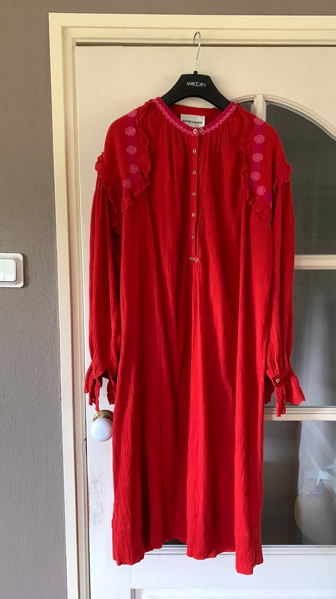 Antik Batik zomerjurk, pietrorood met roze, maat 38, Kleding | Dames, Jurken, Maat 38/40 (M), Ophalen of Verzenden, Zo goed als nieuw