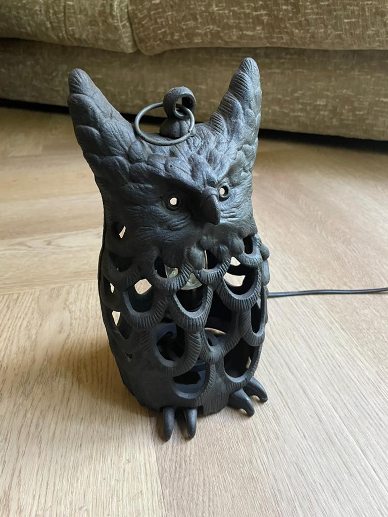 Gietijzeren uil lamp | 1930 Taiwan, Huis en Inrichting, Lampen | Tafellampen, Ophalen of Verzenden, Zo goed als nieuw, Metaal